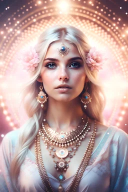 galactic indian priestess woman detailed beautifull, innocence and gentle face with a little smile, blond hair brown eyes fine gold lace garments in light blue and pink with ethereal background with cosmic atmosphear and a lot of Lotus flower