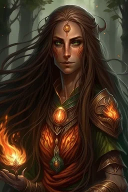 Female eladrin druid that has fire abilities. Long hair that has fire texture. Has a big scar on face after a animal attack.
