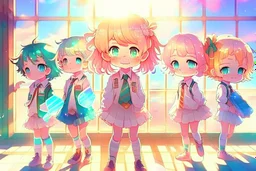 cute chibi holographic girls and boys in the school in sunshine