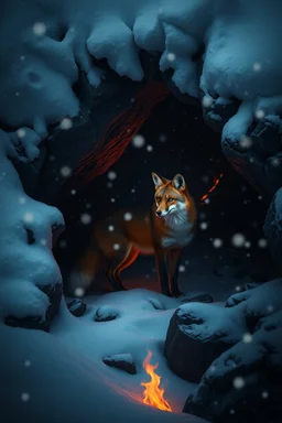 nyx as a fox living under the snow in a dark cave lit with fire