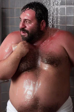 full figure shot photography of 43 years old wet sweat burly chubby very ugly italian plumber smiling under the shower , hands behind the head , manly chest , in white overalls, beard , wet, sweat, curly hairs, tattoo, big tights, photorealistic, Canon EOS, hyper-realistic, very detailed, drunk eyes, natural colours, sunlight, ambient occlusion, the light shines on wet skin