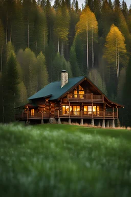 Large country log cabin surrounded by trees