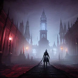 hyper realistic Bloodborne cityscape at night