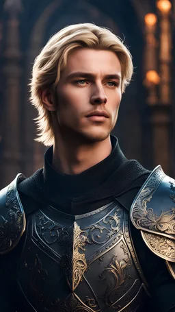 a young warrior prince with medium blond hair, dressed in black armor, of Norwegian origin, Dark Soul's, Medieval Gothic, Noir, Stunning Portrait, Dynamic Photo, Vivid and richly saturated colors, intricate details, cinematic atmosphere, immersive , global lighting, intricate shadows, reflections, Octane rendering, hyper-realistic, unrivaled detail, 8K resolution, groundbreaking, epitome of concept art, sharp focus, dynamic