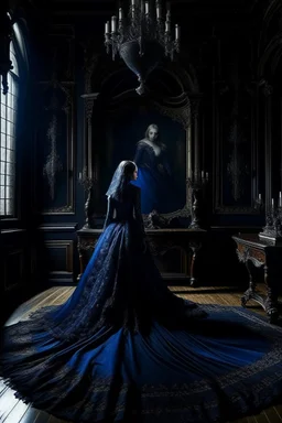 The Countess is a ghost, she has a long, flowing dark blue dress, she is in her castle, Hanging in the castle room, there is a tapestry composed of the preserved faces of the Countess' ancient victims.