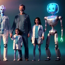 Ultra Realistic home family portrait. father. mother. daughter. alien pet. assistant robot. retro futuristic, doctor who style. smile, happy. highly detailed, concept art, unreal engine 5, ray tracing, RTX, lumen lighting, ultra detail, volumetric lighting, 3d, finely drawn, high definition, high resolution.