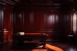 Picture of a study with mahogany panelled walls, a large desk and a heavy wooden door, photorealistic, dark fantasy, 4k