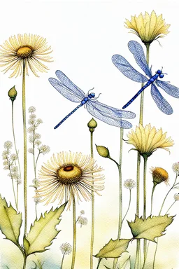 Dandelions, Water Hemlock, wild flowers and dragonflies stunning watercolor art by susan Winget, painted, in gold, blue and white tones with a sunflower --v 7 In style of Marjolien Bastin.