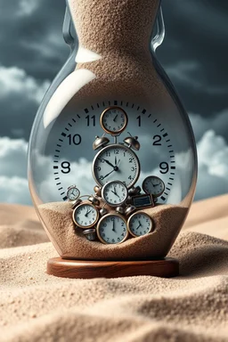 Sands clock with full of small tiny analog and digital alarm clocks inside , a background of cloudy stormy with the universe background look like time within time for eternity , great picture with high resolution and 4k quality
