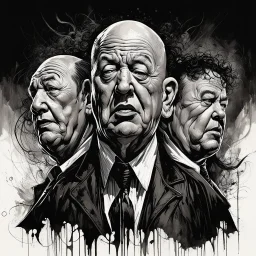 Artists Michael Whelan and Russ mills unleash a captivating portrait illustration of three stooges Curly Howard, his curious countenance dominating the canvas, wild eyes piercing through enveloping darkness, palpable textures, Whelan's distinctive visceral style, detailed line work, opulent shadows, hyperrealistic