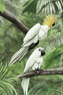 Rainforest, cockatoo flying, frontal, model style, hyper realistic, accurate, delicate, extremely detailed, Graphic novel style, wide-angle, front view, open aperture, superfine pencil