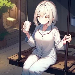 anime girl sitting on a porch swing of an old house, wearing pajamas, drinking a cup of coffee, writing in a book, its raining outside, more detail on hands and her face