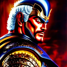 portrait of 'Raoh-Fist of the North Star',ancient metal armor,painting by Earl Norem, simon Bisley, evan lee, 86-86, oil on canvas, cinematic composition, extreme detail,fit full head inside picture,8k