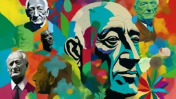 Collage of multiple overlapping faces with various expressions, textures, and colors, featuring a prominent older man face with a flower behind his ear on the right side, set against a colorful abstract background