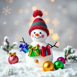 Create multicoloured little snowman gifts and colour balls light purple spruce snowflakes gold winter background