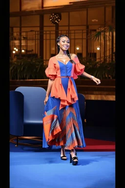 full body of very beautiful lady midi blue skirt and orange bluse , Braided hair ,standing idle happy pose in studio pretty makeup