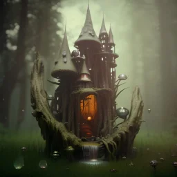 a tiny fairy fountain, scary, steam punk, realistic, made in octane, cinematic, ultra-realistic, extremely detailed octane rendering, 8K, VRAY Super Real ar 2:3, dof photorealistic futuristic 50mm lens hard lighting dark gray tintype photograph, realistic lighting, sepia color