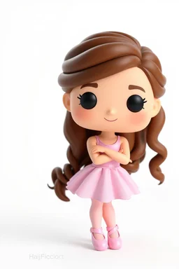 Funko figure of a very young female, smiling, long wavy soft brown hair, wearing a ballerina dress, pink dress, ballet, very cute, ballet pose,. typography, 3D render. White background