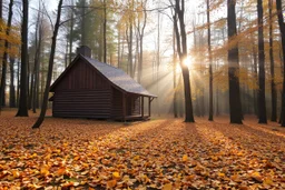 A wooden house in a forest in autumn, yellow orange leaves on ground, moist in air, early morning, sun streaks