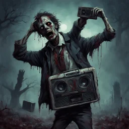 Undead rotting zombie (holding up a boombox over his head with both arms:1.9), like iconic scene in movie "Say Anything", romantic gothic horror atmosphere, digital art, moody, dramatic, midnight zombie serenade