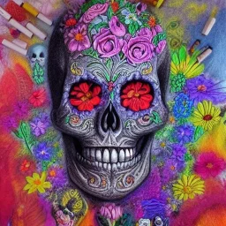 high-quality, fine-detail melted crayon drawing of realistic Day of the Dead skull sculpture with flowers, artwork, 8k, intricate, detailed, ornate, illustration, brian froud, howard lyon, george grie, ben goossens, anna dittman, jeffrey robert, don marco