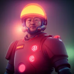 portrait, eternal samurai style space suit, floating in space, sun burning bright in background, neon light, 8k, 3d, blender