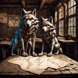 two anthropomorphic wolf stand around the old wooden table. They studying two map which features markings drawing are visible. one map lies down on big wooden table, one map holds his paws, older wolf a gnarled tree leans on a stick, in background the room's massive wooden walls, one little window, high realistic, detailed, cinematic mood