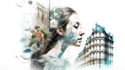 white background, Double exposure, woman, city, window, room, flowers, detailed, fine rendering, high detail, high resolution, 8K, Double exposure, abstract, illustration, gouache, detailed painting