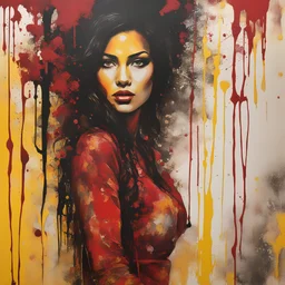 full body in close up woman, red , yellow in detailed paintings with dripping ink, ink splash, and wet wash