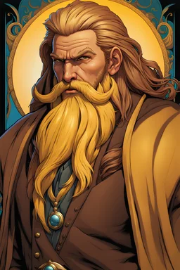 big man in a poor mans dark brown travelers cloth. he has long, unruly yellow hair and unruly yellow beard. show all of the head. anatomically correct hands. perfect hands. fantasy setting. concept art, mid shot, intricately detailed, color depth, dramatic, 2/3 face angle, side light, colorful background. Style of Julie Bell