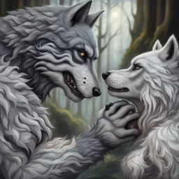 the anthropomorphic gray hairy body wolfman name Teo, holds between his paws the anthropomorphic pale hairy body wolfwoman's face , they look at each other lovingly, blur background, high detalied, realistic, sci-fi and fantasy mood