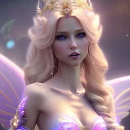 beautiful fairy very etheric, nice smiling, long blond hair, magic glamour pink make up, delicate colors, complete vision of very transparent and big wings, beautiful glamour transparent dress, ultra sharp focus, 8k, unreal engine 5, extremely sharp detail, light effect, soft light atmosphere, smooth, full of details, face in front, complete vision of face and hair and of the body