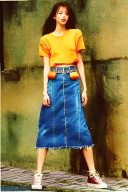 year 1996 denim fashion. Loose skirt, low waist. Colors: denim blue, blue, purple, cream, khaki, light green, lilac, plum, orange, terracotta, red, light yellow, lion yellow, pink, dark blue, beige. Steffi Graff, lara croft, algelica kallio,