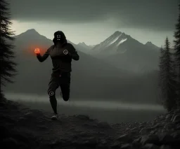 running berserker portrait , no face, black jogging suite , in the night Alps , holding coins , angels background, volumetric gold light, high detail, dark leaf tree, dark mountains in background, perfect, HR Giger style