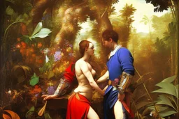 man and woman in colorful jungle by Caravaggio