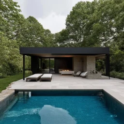 Modern country house with a dark exterior, large windows and tall stone fireplace. The house is surrounded by foliage of large trees. There is a rectangular swimming pool lined with light stone tiles and comfortable sun loungers next to it. Behind the pool is a covered patio with outdoor seating. Calm and serene environment, combining luxury with nature.