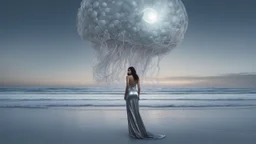 Wide-angle shot of a woman, standing to one side on a beach with huge waves, with dark hair in a silver robotic catsuit, many large moon jellyfish shaped like mushrooms with tentacles floating high up in the air, masterpiece, best quality, super detailed