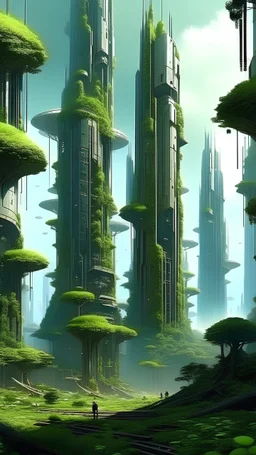 sci fi city, towering trees