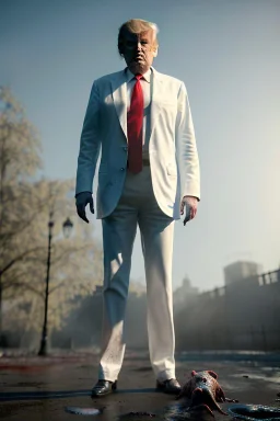 Ultra realistic image night, Donald trump zombie, suit, blood, torn arm, night, the walking dead style, dark ambient, highly detailed, White House background, concept art, unreal engine 5, ray tracing, RTX, focal lighting, ultra detail, volumetric lighting, 3d, finely drawn, high definition, high resolution.