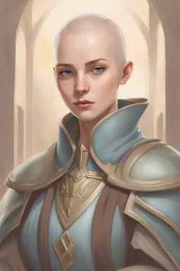 portrait colour drawing, fantasy setting, 22-year old friendly female Caucasian human cleric, shaved head