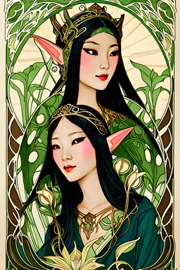 Art Nouveau art style A beautiful as a model asian woodland elf princess who looks like a young Lucy Liu seated on a throne in a mystical forest