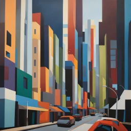 vibrant rich dark colors, Urban Geometry" - Create a minimalist painting that captures the clean lines and angles of a modern cityscape.