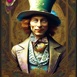 "Mad Hatter" book young man character of "Alice in the wonderland", elegant,sarcastic smile, by Disney,Chie Yoshii,alphonse mucha