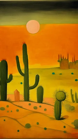 A yellow desert with cactuses painted by Paul Klee