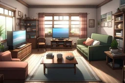 average suburban house living room in anime visual novel style