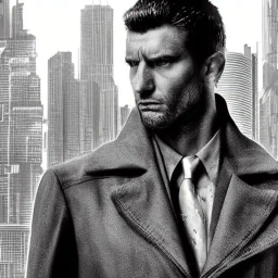 tall brooding man, dystopian city, sin city style