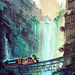 "A train pass under a waterfall in city"+Beaux Arts architecture+palladio+detailed facades biopunk+Bueno Aires+turin+trieste+ +Book illustration by Gediminas Pranckevičius, Jean Baptiste Monge, Brian Kesinger, Anton fadeev, Kilian Eng, strong lines, high contrast vibrant colors, highly detailed, 16k resolution, trending on behance