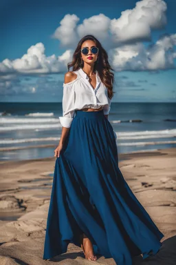 young lady wearing beautiful maxi blue skirt and elegant long shirt standing in beach posing to camera ,upper body shot,ships in sea ,blue sky nice clouds in background