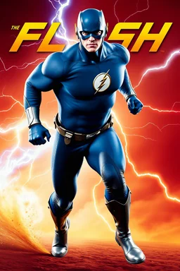 1/4 side view, looking at the viewer, Movie Poster - "THE FLASH" - A massive, thick, extremely muscular, 7'8" tall man, ((skintight, formfitting, long-sleeved, Blue spandex bodysuit:1.5)), ((Silver knee-high boots:1.5)), ((Silver wrist gauntlets, blue fingerless gloves, silver, double holstered utility belt:1.5)), ((skintight, formfitting, blue spandex helmet with blue eye disguise,:1.5)), Running, multicolored lightning emanating from his body, an overly exaggerated muscular stature