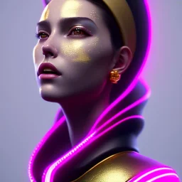 Spanish woman, painted face, rounded face, glow, trap style, black, gold, pink, cold, latex coat, leather, nose piercing, soft color, highly detailed, art stations, concept art, smooth, unreal engine 5, god rays, ray tracing, RTX, lumen lighting, ultra detail, volumetric lighting, 3d, finely drawn, high definition, high resolution, neon background.